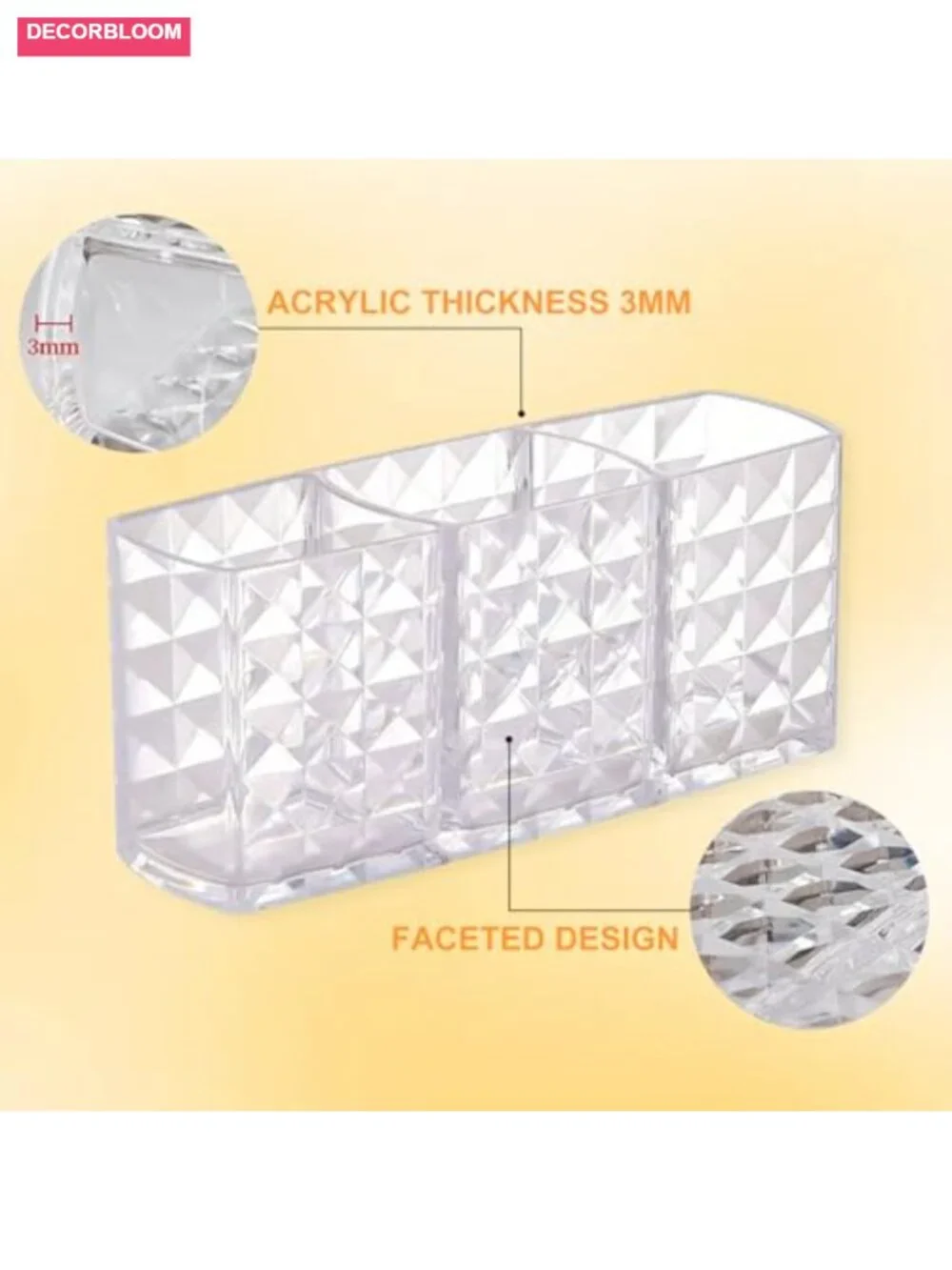 Acrylic Makeup Brush Holder 3 Compartment Cosmetic Organizer Vanity Storage